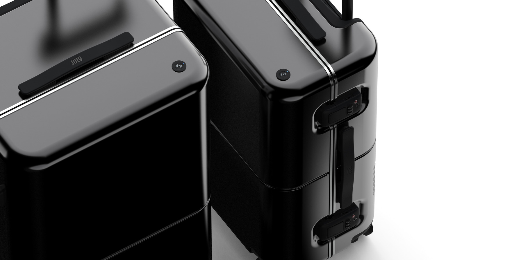 Two production suitcases with embedded CaseSafe™ beacons illuminated