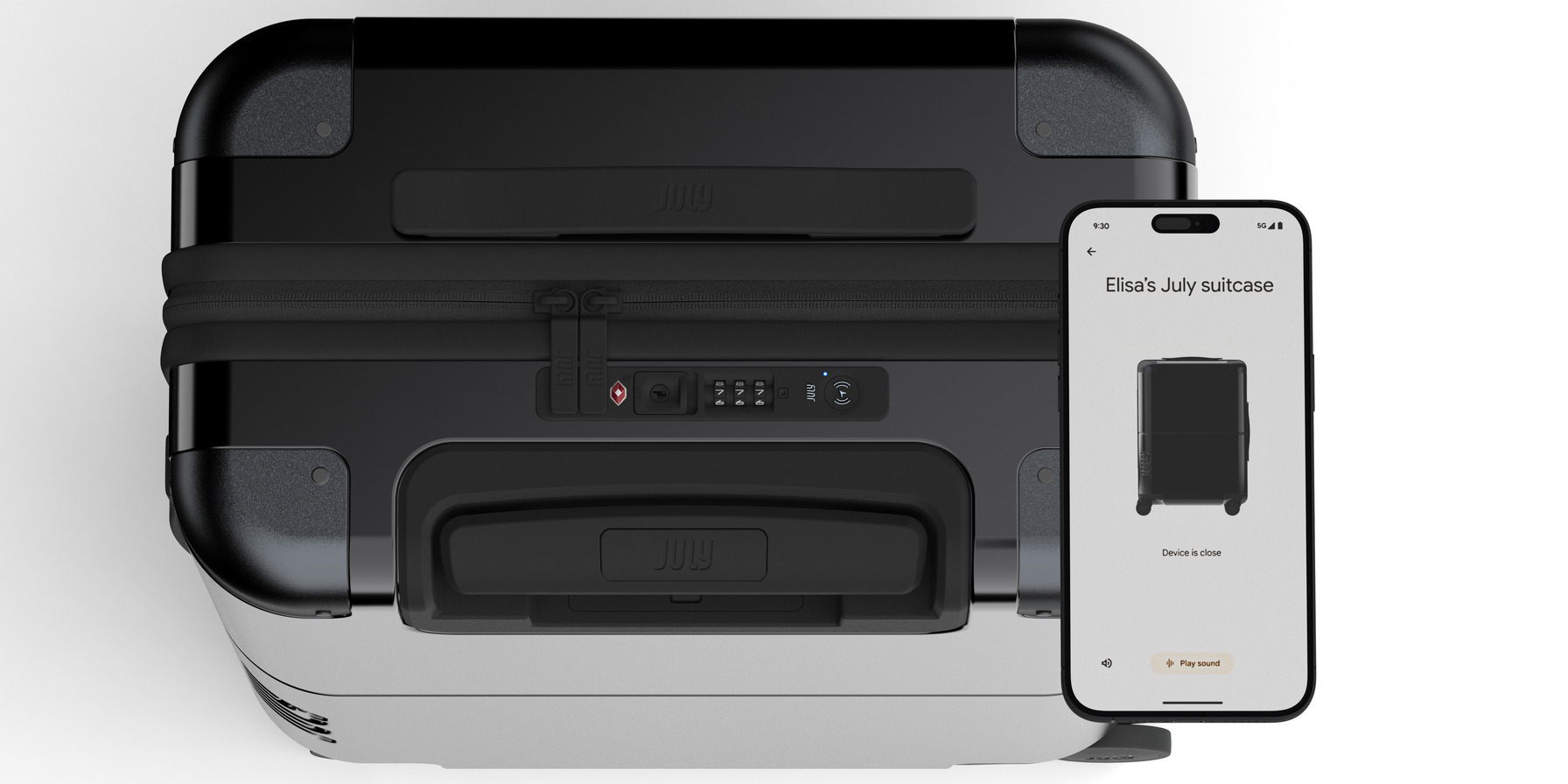 Companion app paired to a smart suitcase, showing live device proximity